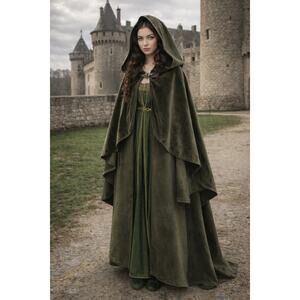 Olive Green Velvet Renaissance Fairy Core Hooded Cape w 
front clasp, One Size